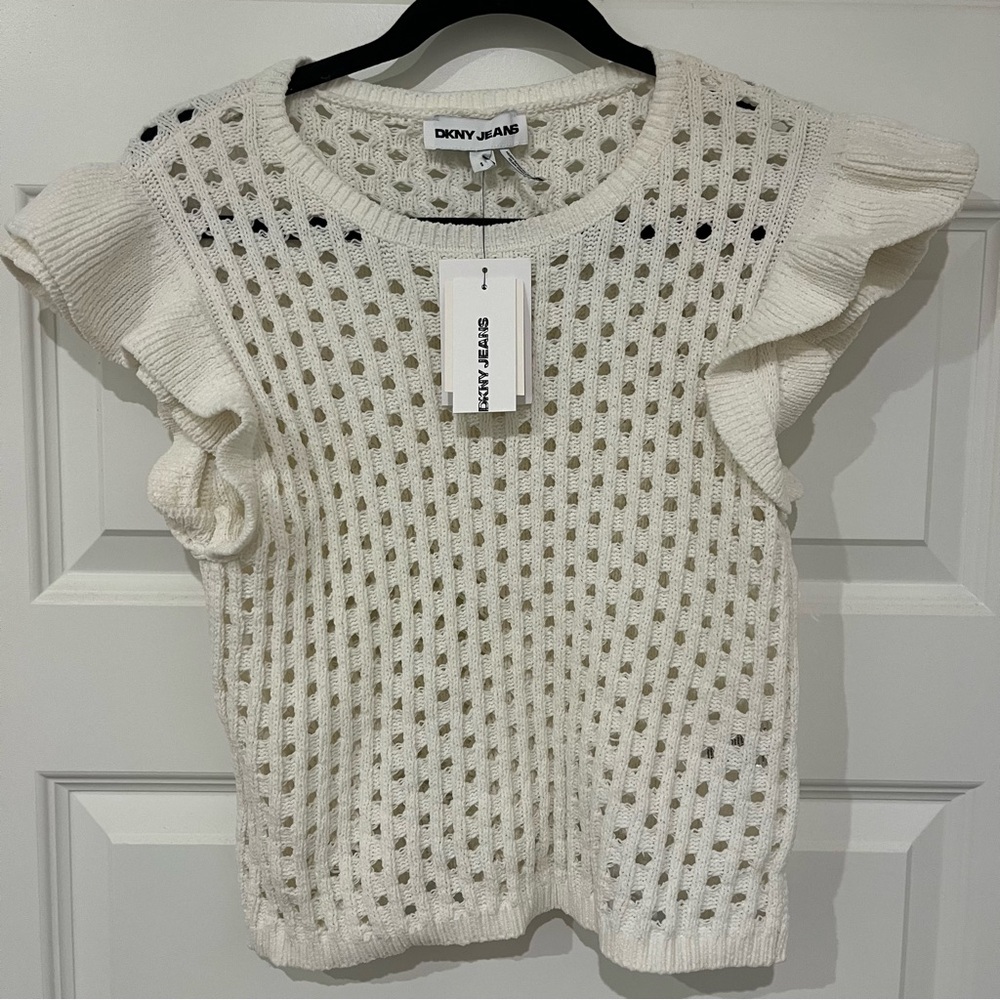 DKNY Cream Knit Blouse with Ruffle Sleeves